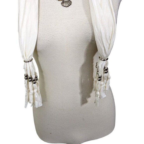 Owl Pendant Cotton Scarf Charm Neck Wrap White Fringe Tassel Fall Accessory Fun - Picture 3 of 3